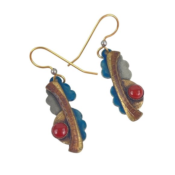 Brass Red Jasper Vintage Boho Dangly Earrings Blue Enamel Hand Made - Picture 1 of 8